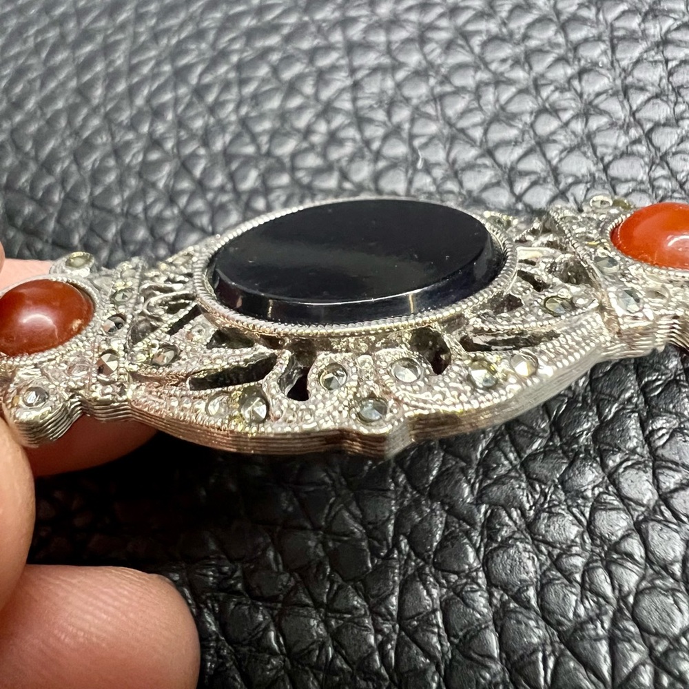Vintage Onyx Red Glass & Marcasite Silver Tone Brooch 2 ½” - Picture 8 of 11